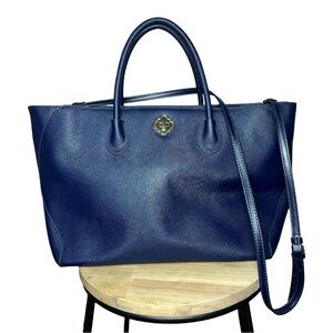 Navy Leather Tote Bag with Crossbody Strap